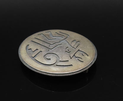 ZUNI NAVAJO 925 Silver  Vintage Carved Warrior Round Brooch Pin  BP10044