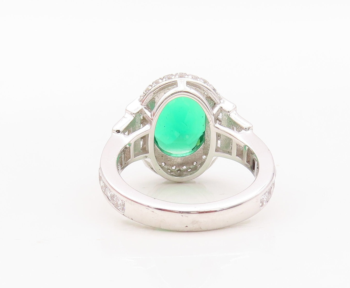 925 Sterling Silver Vintage Ring Designer Oval Green Halo White CZ  Sz 7 RG30005