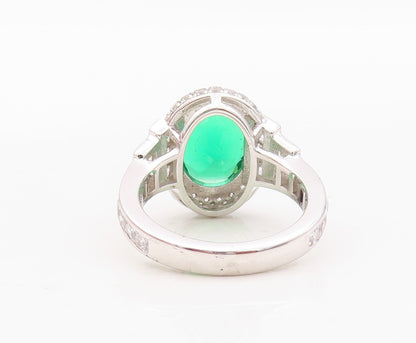 925 Sterling Silver Vintage Ring Designer Oval Green Halo White CZ  Sz 7 RG30005