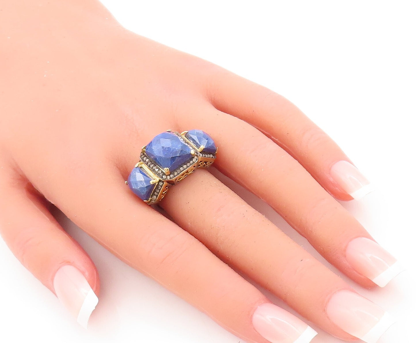925 Sterling Silver Vintage Ring Gold Plated Diamond & Gemstone  Sz 8  RG29679