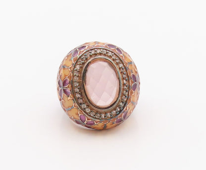 925 Sterling Silver Vintage Ring Floral Enamel Rose Quartz Band  Sz 8.5  RG36384