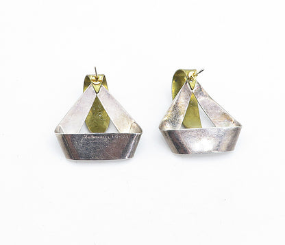 MEXICO 925 Sterling Silver  Vintage Shiny 2 Tone Ribbon Drop Earrings  EG2700