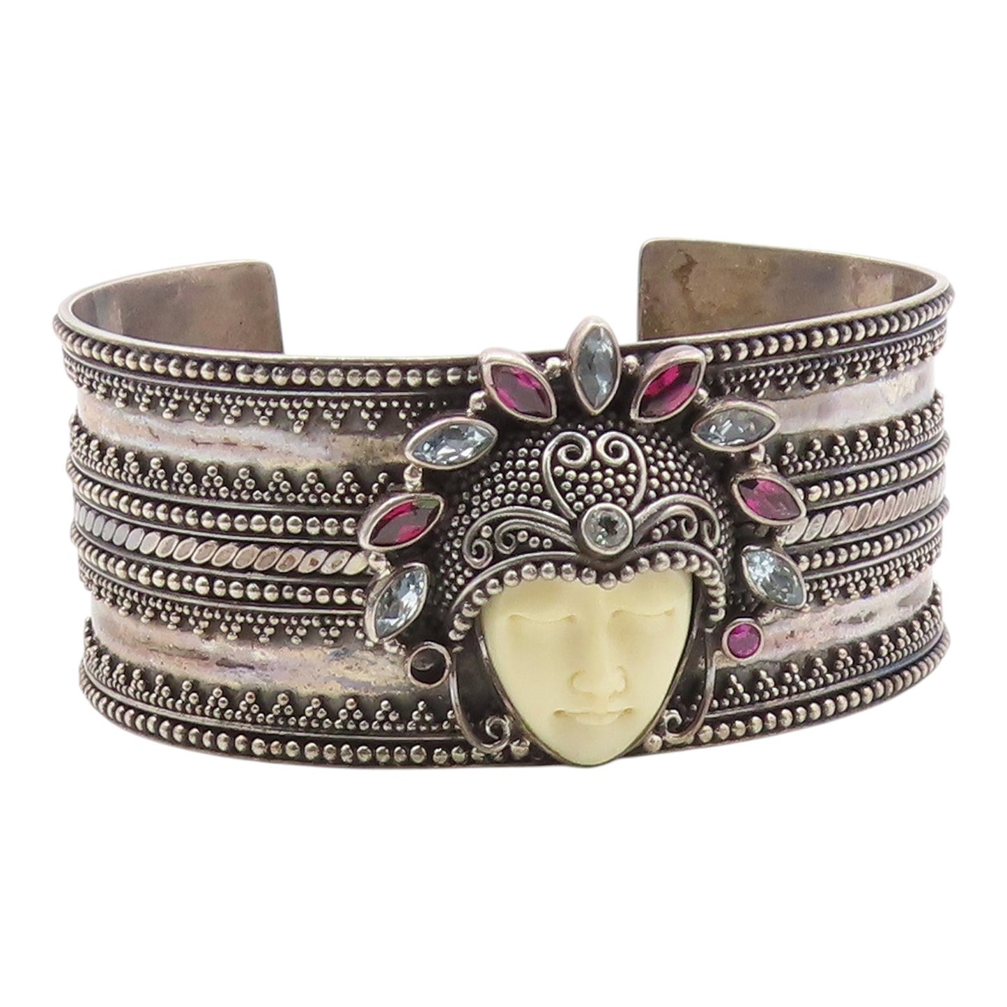 SAMUEL BENHAM 925 Silver  Vintage Amethyst & Topaz Face Cuff Bracelet  BT8706