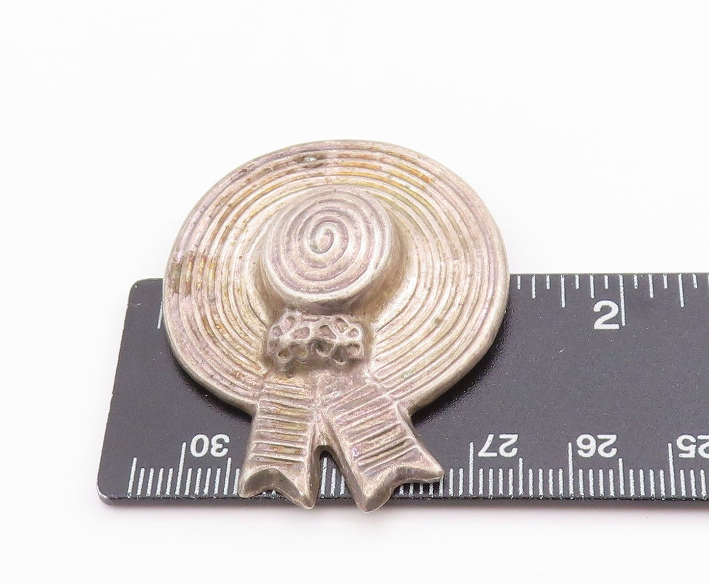 925 Sterling Silver Vintage Brooch MEXICO Etched Floral Hat With Ribbon  BP11816