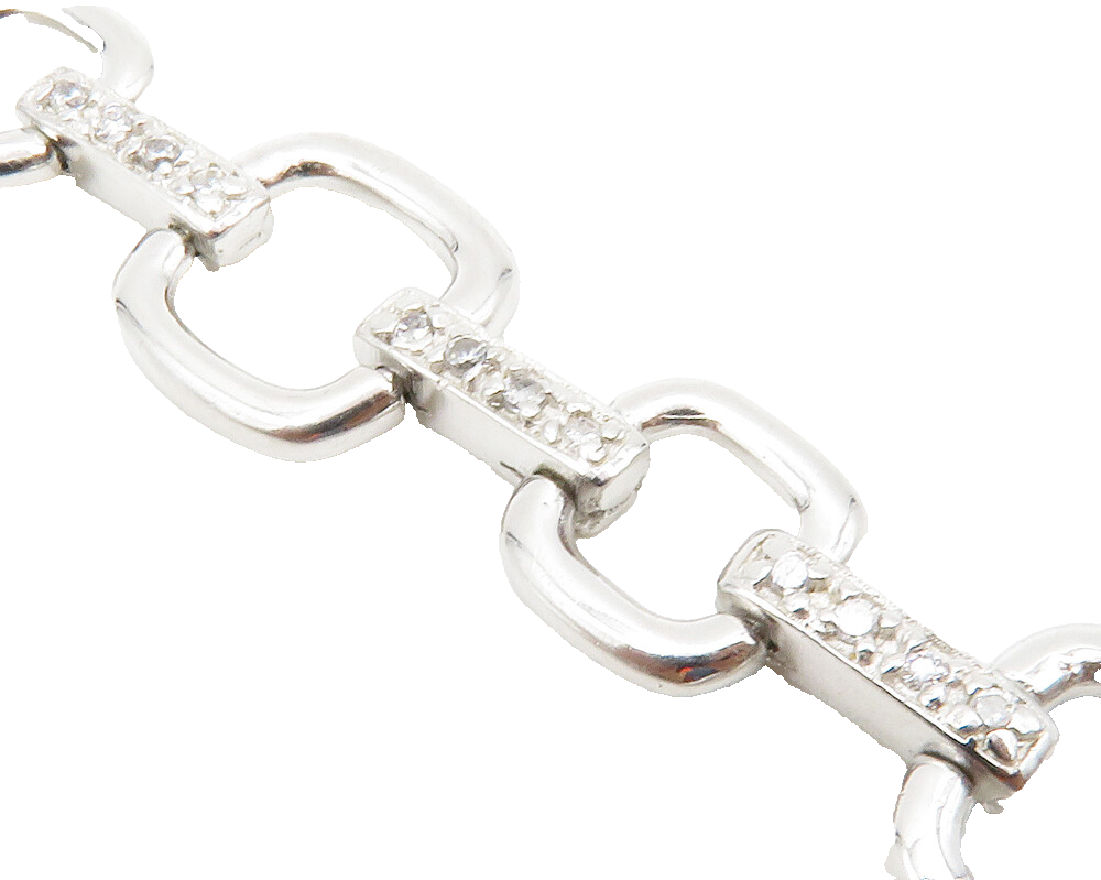 925 Sterling Silver  Shiny White Topaz Open Square Link Chain Bracelet  BT4986