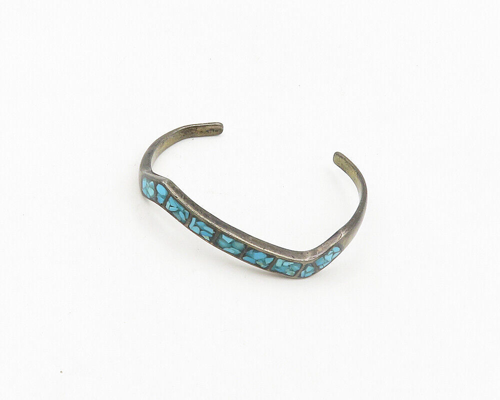 ZUNI 925 Sterling Silver  Vintage Inlaid Turquoise Petite Cuff Bracelet BT7804