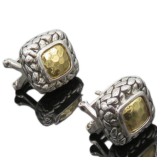 925 Silver & 14K GOLD  Vintage 2 Tone Cobble Pattern Drop Earrings  EG9885
