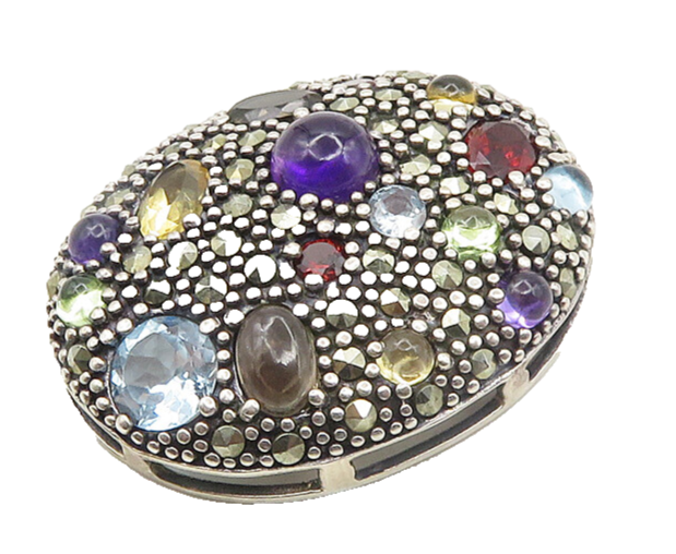 925 Silver  Vintage Topaz Amethyst Peridot & Garnet Oval Dome Pendant  PT15284