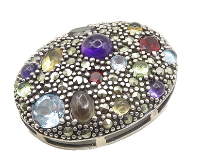 925 Silver  Vintage Topaz Amethyst Peridot & Garnet Oval Dome Pendant  PT15284