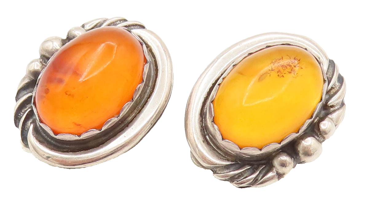 925 Silver  Vintage Beaded & Ribbed Edge Amber Clip Back Earrings  EG12370