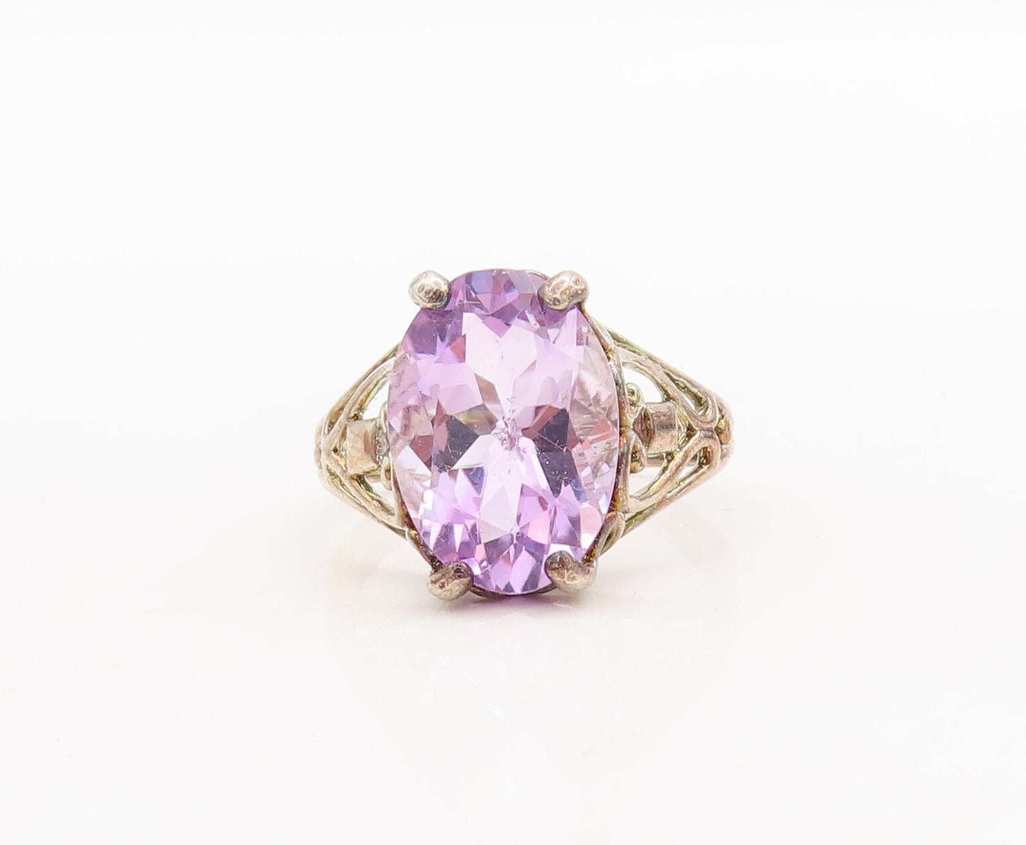 925 Sterling Silver Vintage Ring Heart Cutout Oval Amethyst  Sz 6.5  RG29673