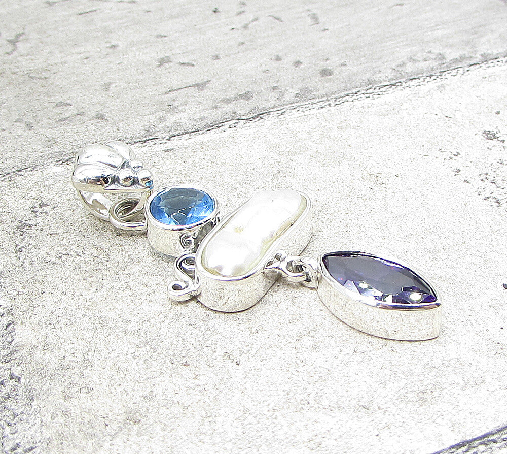 925 Silver  Bezel Set Mother of Pearl Amethyst & Blue Topaz Drop Pendant PT1374