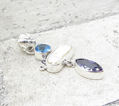 925 Silver  Bezel Set Mother of Pearl Amethyst & Blue Topaz Drop Pendant PT1374