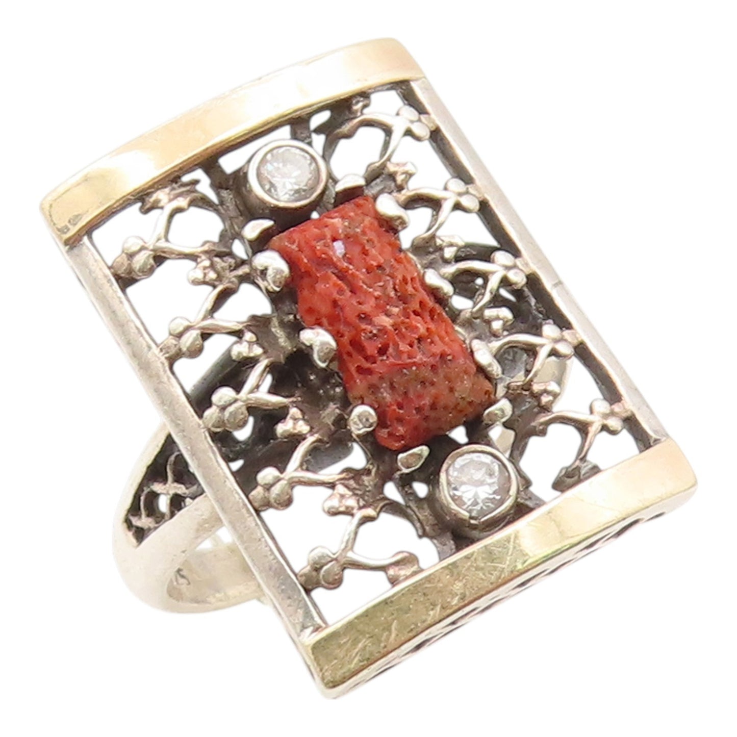14k Gold & 925 Sterling Silver Vintage Ring Gemstone & Topaz Band  Sz 9  RG35443