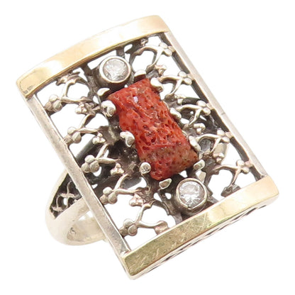 14k Gold & 925 Sterling Silver Vintage Ring Gemstone & Topaz Band  Sz 9  RG35443