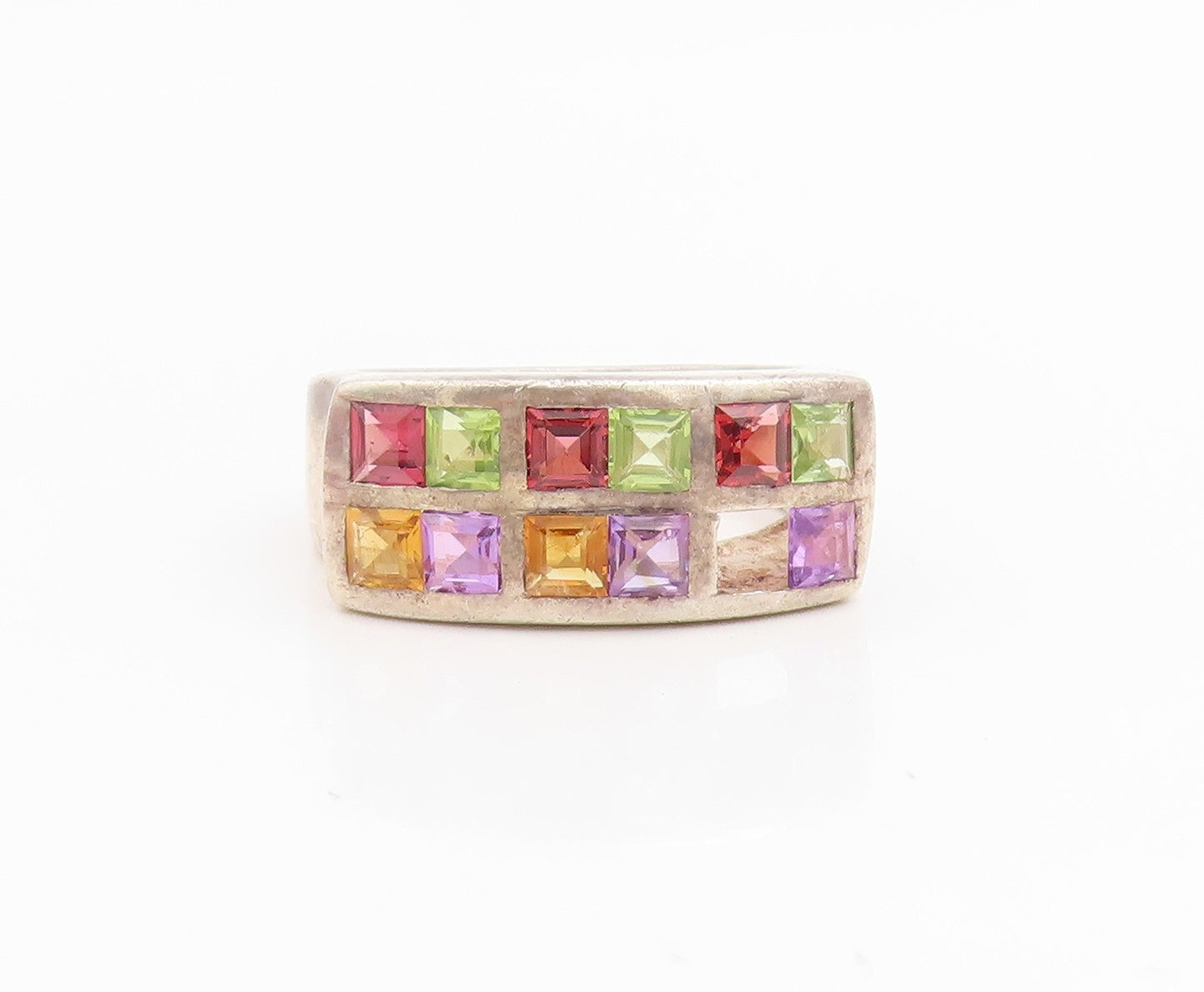 925 Sterling Silver Vintage Ring Multi Gemstone Geometric Band  Sz 7.5  RG34828