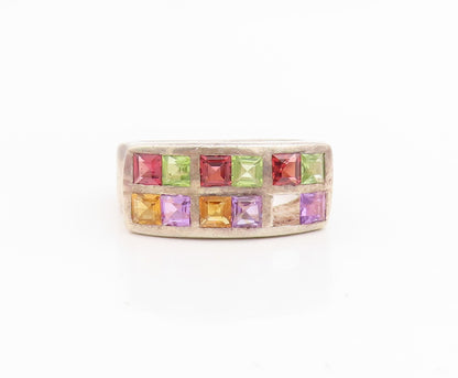 925 Sterling Silver Vintage Ring Multi Gemstone Geometric Band  Sz 7.5  RG34828