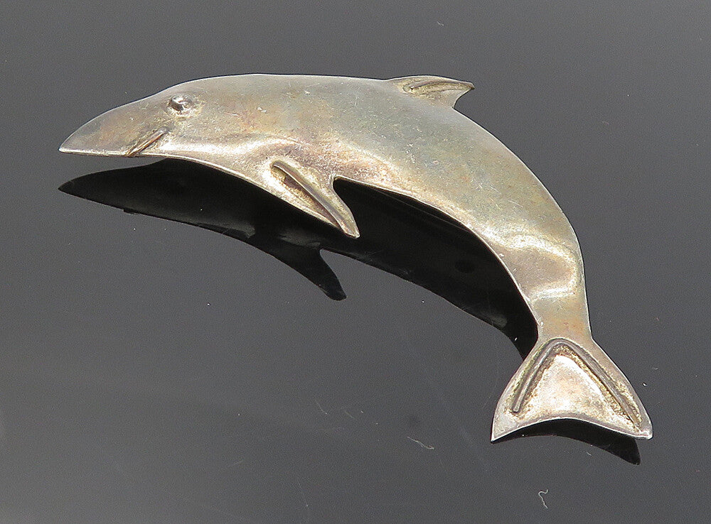 925 Sterling Silver  Vintage Oxidized Leaping Dolphin Motif Brooch Pin  BP3075