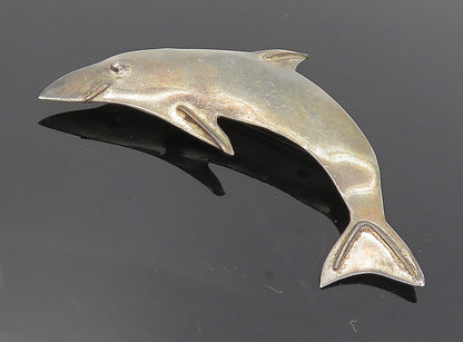 925 Sterling Silver  Vintage Oxidized Leaping Dolphin Motif Brooch Pin  BP3075