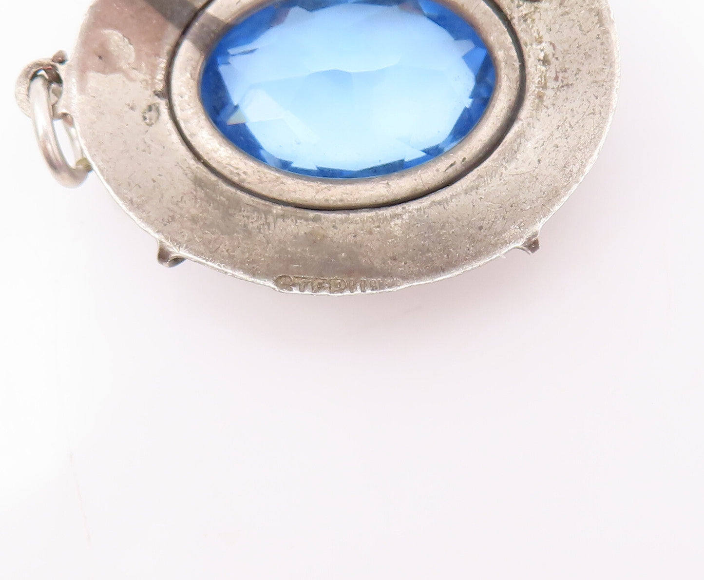 925 Sterling Silver Vintage Pendant Large Oval Cut Blue CZ Shield  PT23081