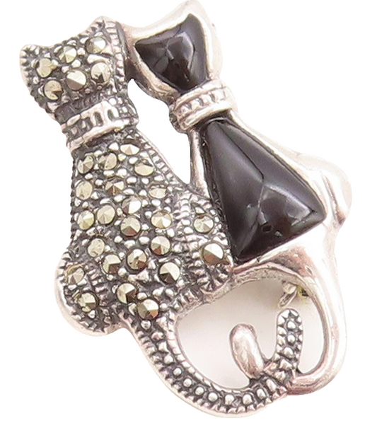925 Sterling Silver Vintage Brooch Pin Marcasite & Onyx Cat Couple  BP11419