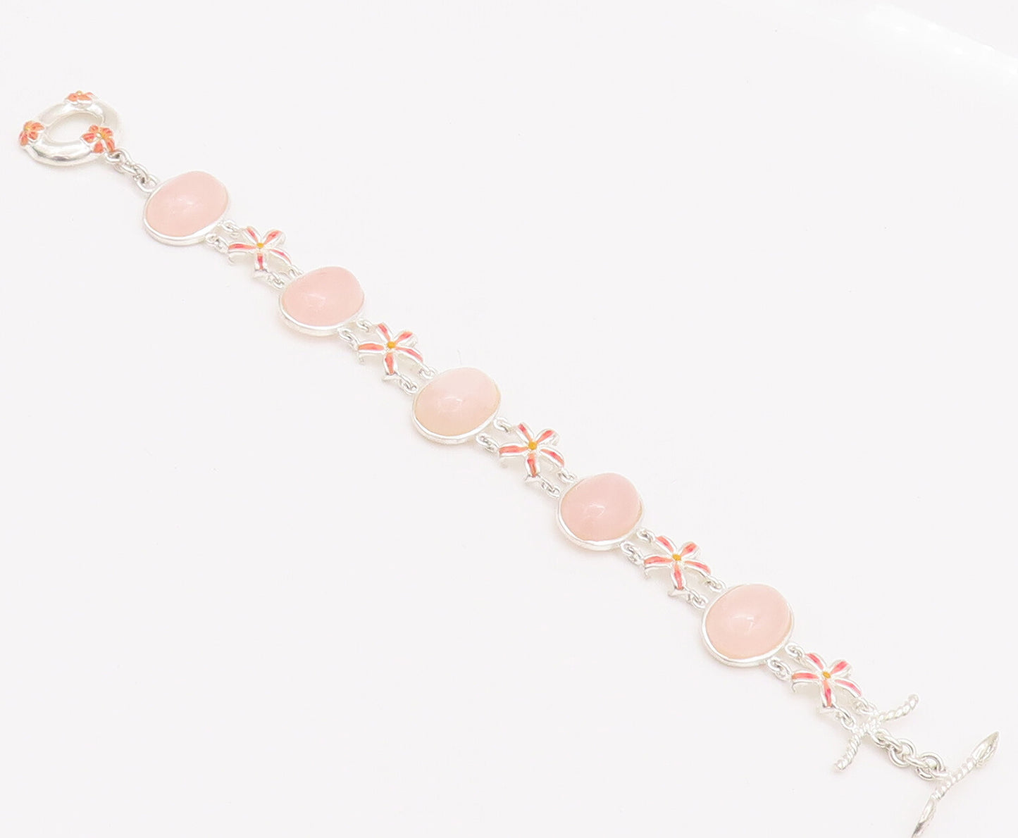 925 Sterling Silver Vintage Bracelet DAVID SIGAL Floral Link Pink Quartz BT10179