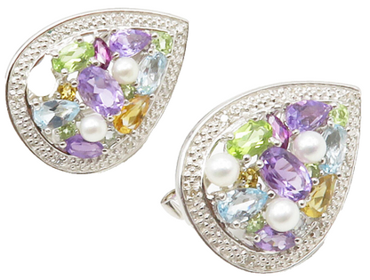 925 Sterling Silver Genuine Diamonds Pearls & Multi Stone Earrings EG6946
