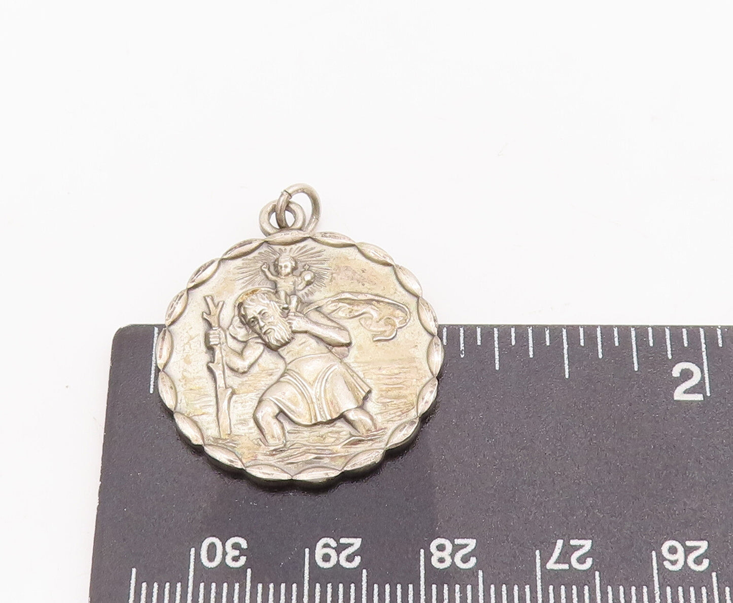 925 Sterling Silver Vintage Pendant Solid Religious Carved Bordered Coin PT23122