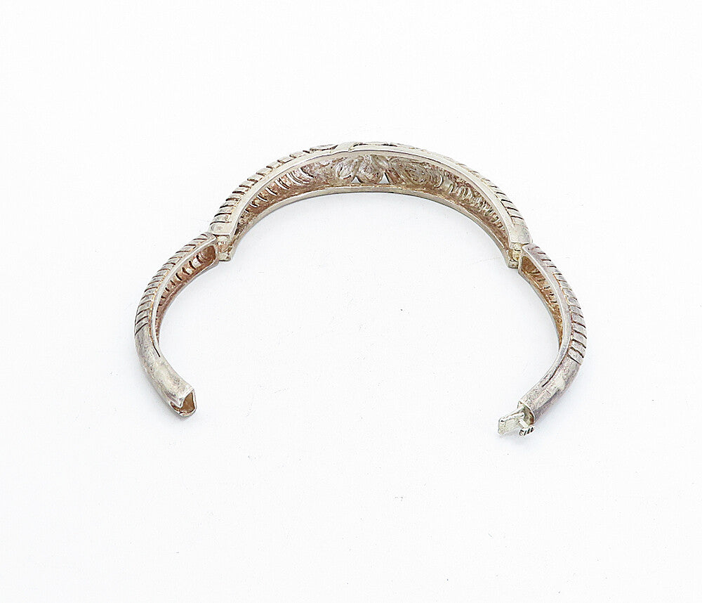 925 Sterling Silver  Vintage Floral Cutout Round Hinge Bangle Bracelet  BT1568