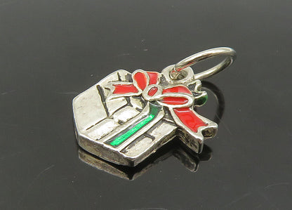925 Sterling Silver  Vintage Enamel Christmas Gift Box Pendant  PT18948