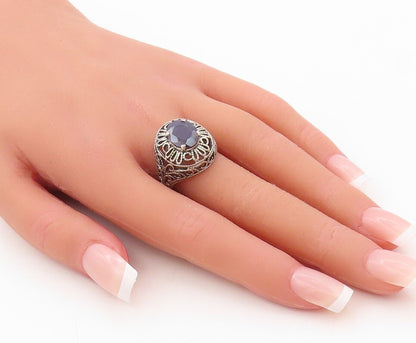 925 Sterling Silver Vintage Ring Floral Cutout Oval Sapphire  Sz 8  RG30204