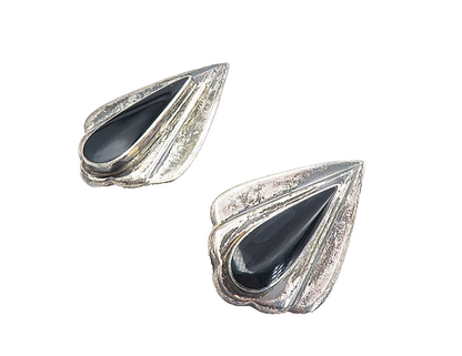 925 Sterling Silver Vintage Inlaid Black Onyx Dark Tone Drop Earrings EG4226