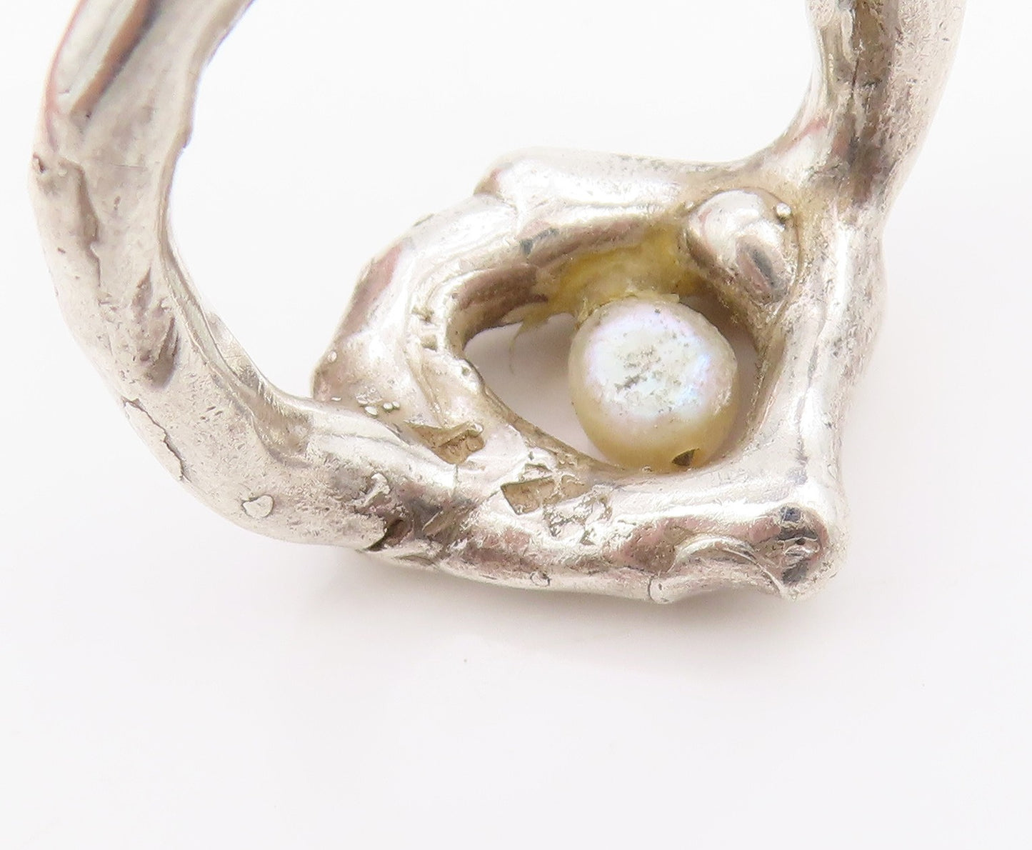 925 Sterling Silver Vintage Ring Round Pearl Abstract Love Heart  Sz 8  RG34473