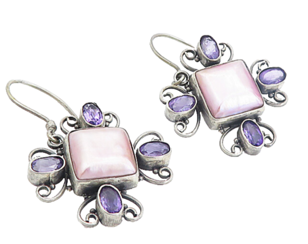 925 Sterling Silver Vintage Mother Of Pearl & Amethyst Drop Earrings EG3650