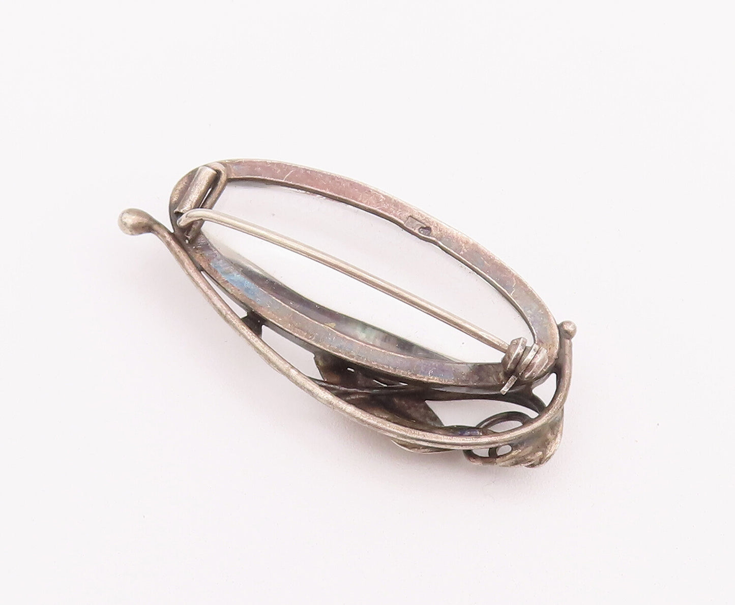925 Sterling Silver Vintage Brooch Pin POLAND Swirly Carved Leaf & Glass BP10752