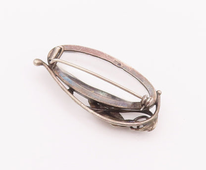 925 Sterling Silver Vintage Brooch Pin POLAND Swirly Carved Leaf & Glass BP10752