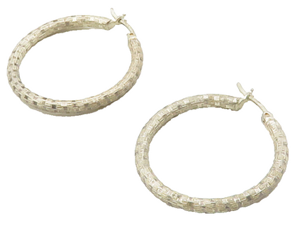 925 Sterling Silver  Vintage Striped Pattern Round Hoop Earrings  EG8642