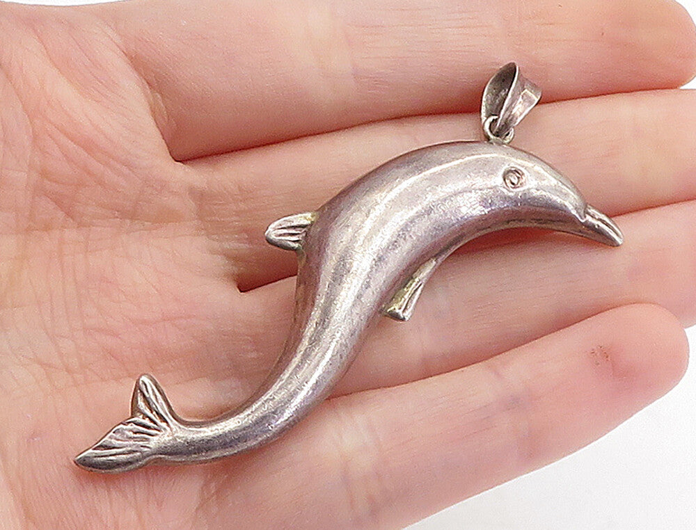 925 Sterling Silver  Vintage Dark Tone Hollow Swimming Dolphin Pendant  PT5142