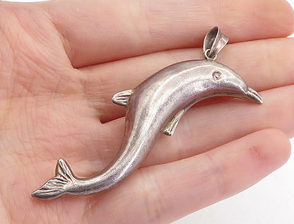 925 Sterling Silver  Vintage Dark Tone Hollow Swimming Dolphin Pendant  PT5142