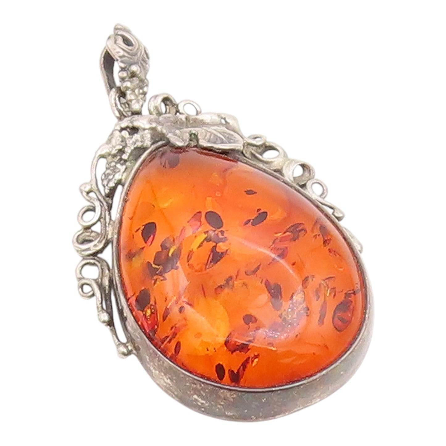 925 Sterling Silver Vintage Pendant POLAND Teardrop Amber Grape & Leaf  PT26034