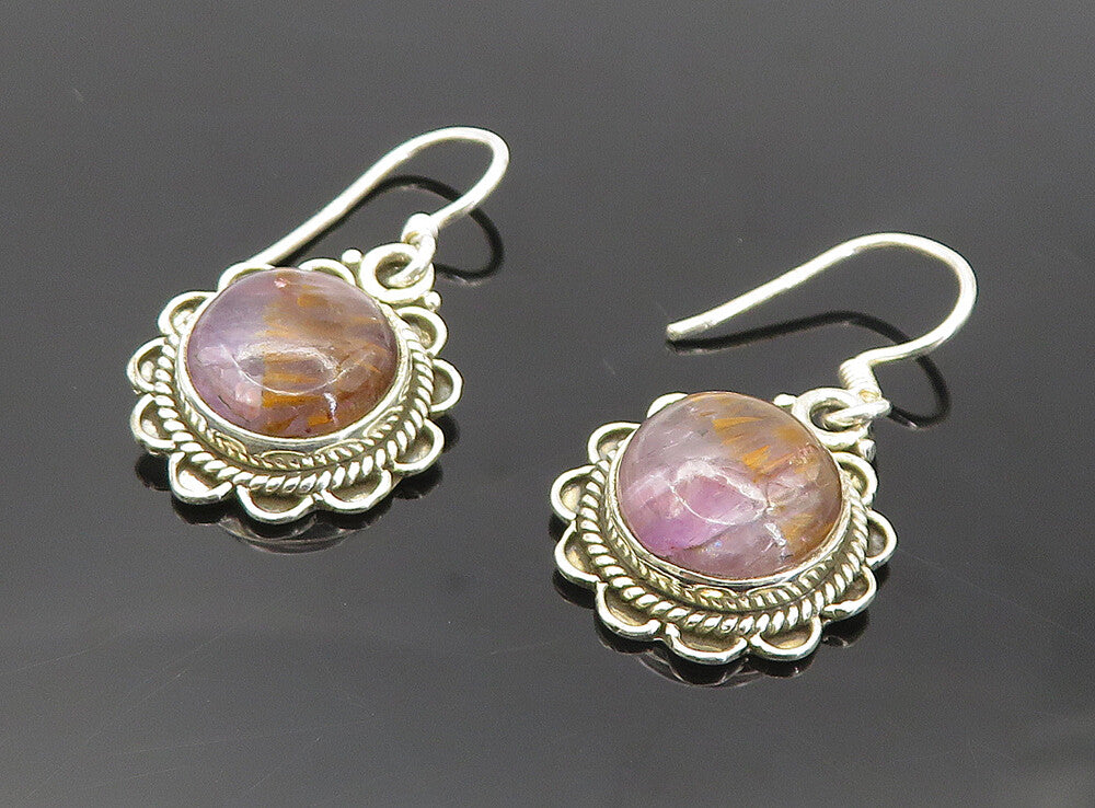 925 Sterling Silver Vintage Cabochon Amethyst Floral Drop Earrings EG3462