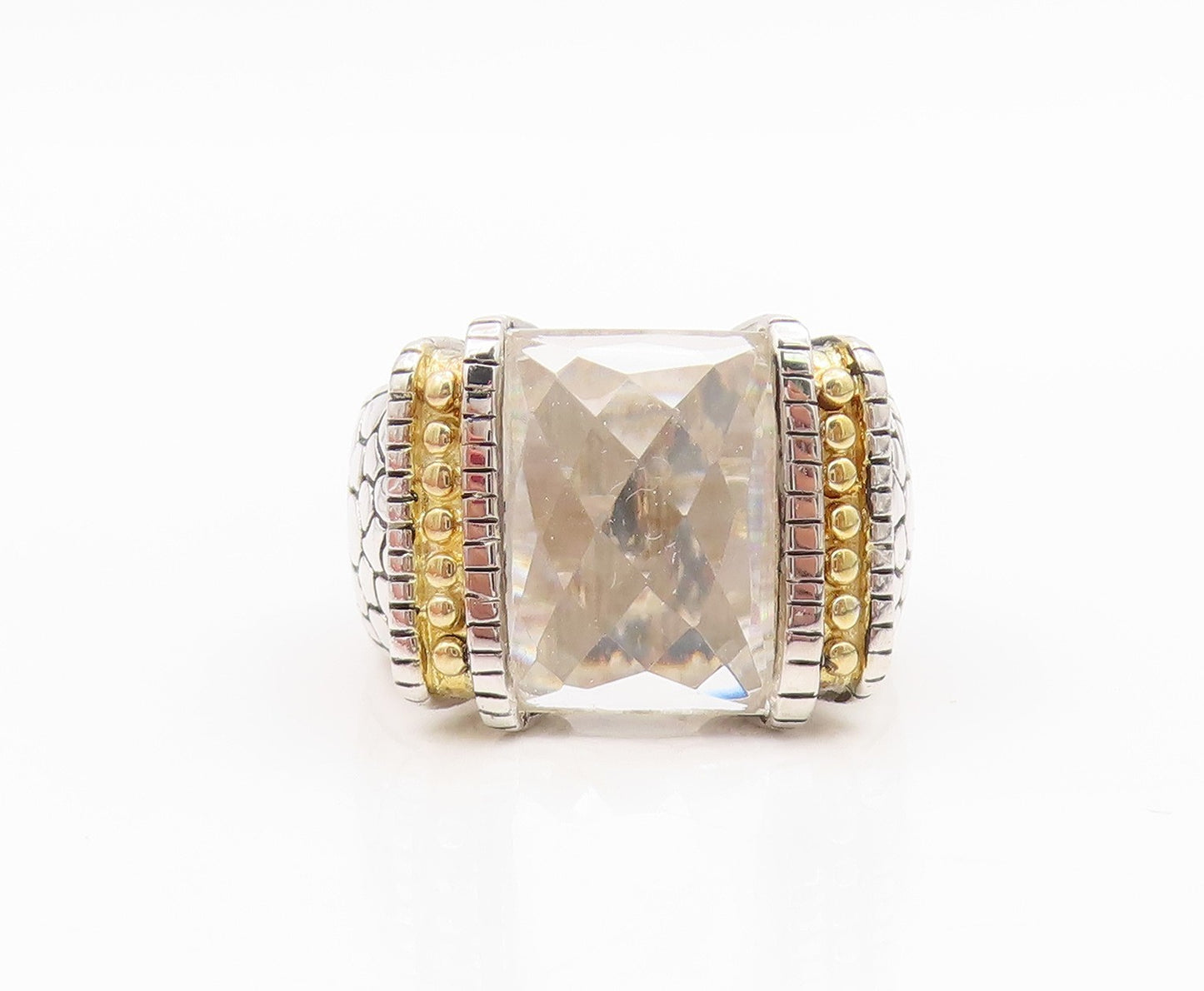 925 Sterling Silver Vintage Ring Two Tone Faceted White Topaz Band Sz 7 RG34327