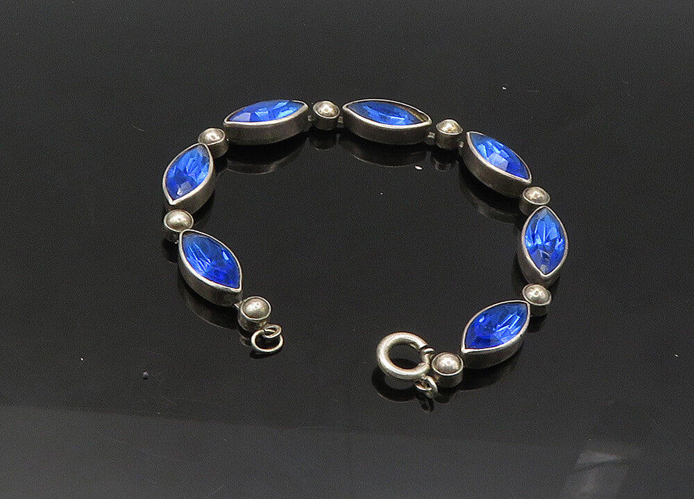 925 Sterling Silver  Vintage Marquise Cut Blue Stone Chain Bracelet  BT8478