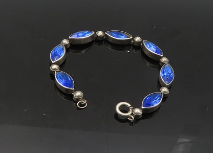 925 Sterling Silver  Vintage Marquise Cut Blue Stone Chain Bracelet  BT8478