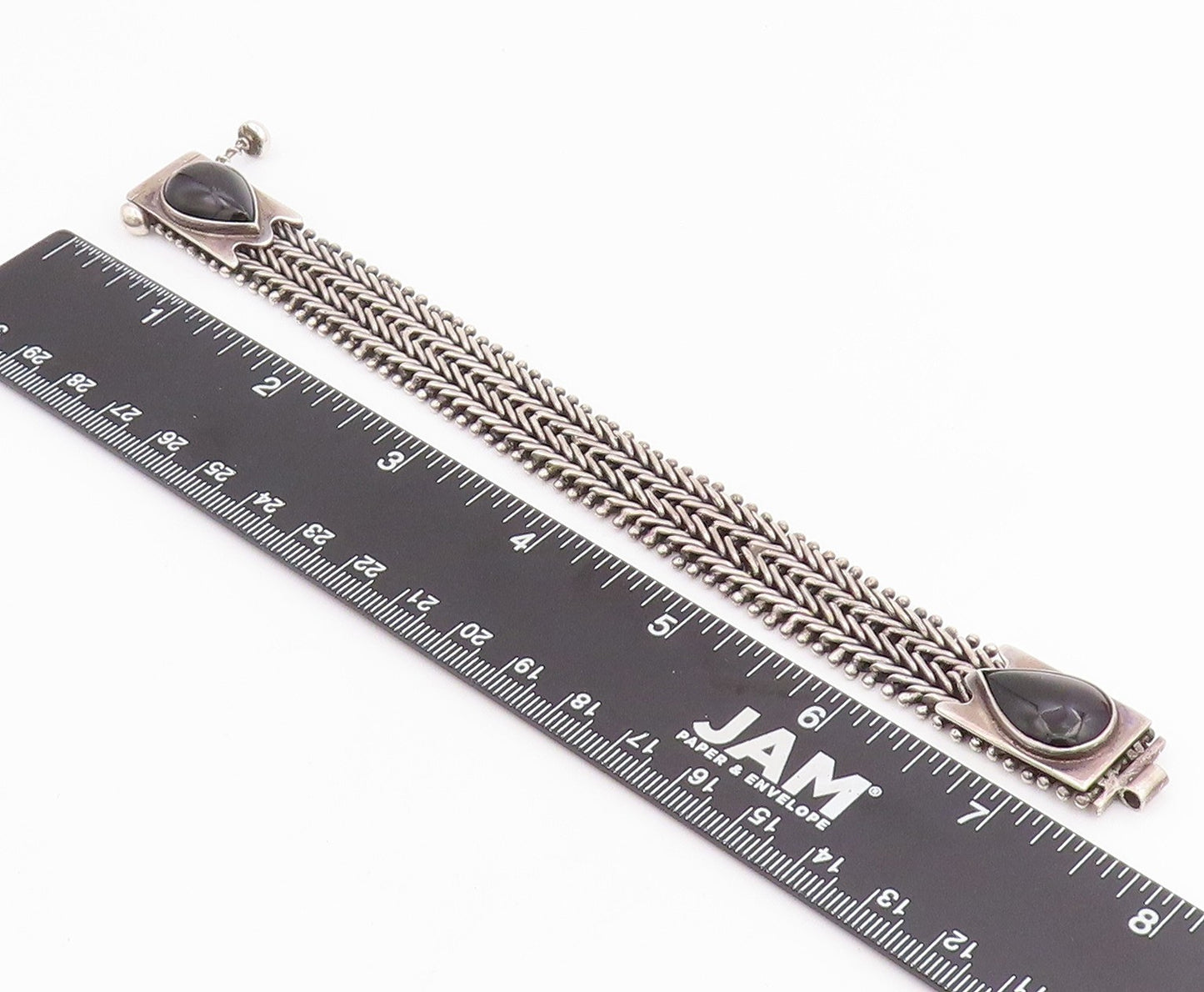 925 Sterling Silver Vintage Bracelet Pear Cut Onyx Intricate Woven Link  BT11847