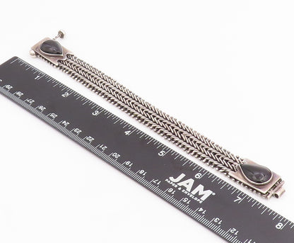 925 Sterling Silver Vintage Bracelet Pear Cut Onyx Intricate Woven Link  BT11847