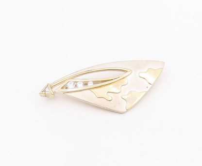14k Gold & 925 Sterling Silver Vintage Brooch CZ Geometric Abstract Pin  BP12069