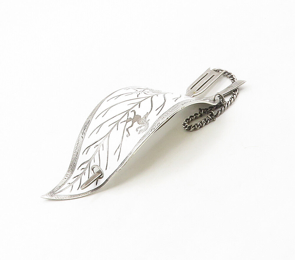 SIAM 925 Sterling Silver  Vintage White Enamel Floral Leaf Chained Pin  TR2305