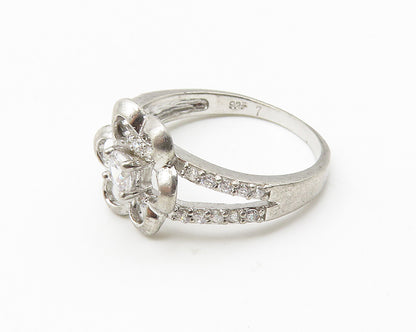 925 Sterling Silver  Cubic Zirconia Open Floral Motif Band Ring Sz 7  RG10362