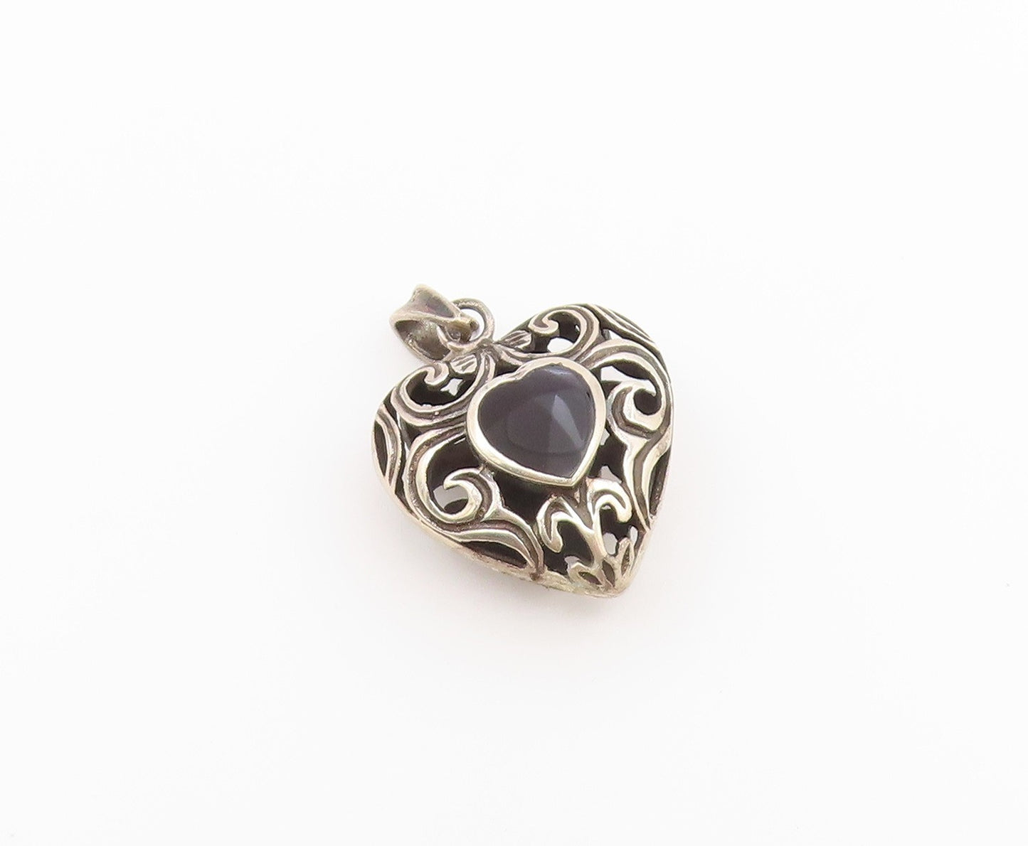 925 Sterling Silver Vintage Pendant Onyx Open Scrollwork Love Heart  PT26544